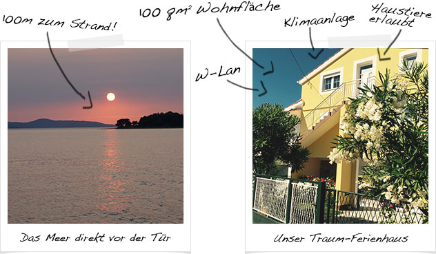 Polaroid von Ferienhaus und Strand in Kroatien